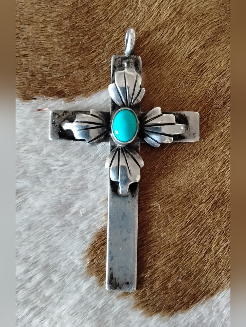 Vintage Navajo Katherine Pino Sterling Cross Crucifix Pendant With Turquoise.